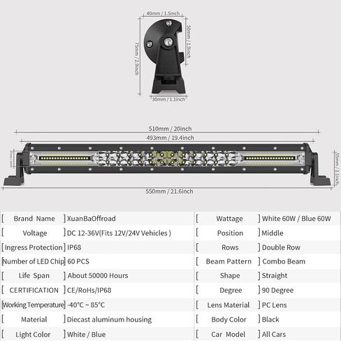 20 Inch Led Light Bar White & Red Strobe Work Pods Light 4x4 Off Road Driving Fog Reverse Light For Trailer Pickup ATV Car Truck Boat 12V 24V IP68 Flashing Warning Auxiliary Lights in Saudi Arabia