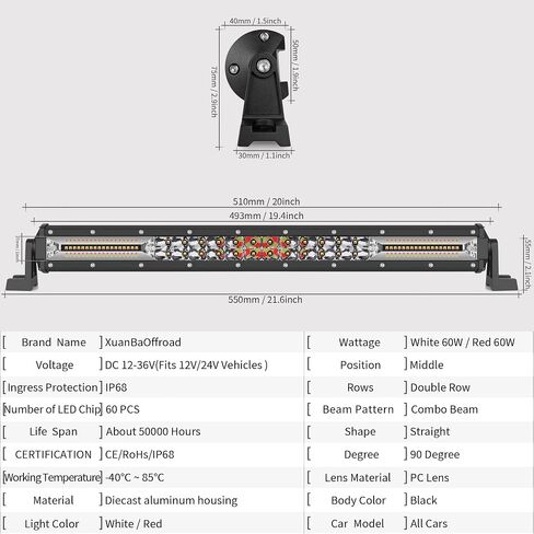 20 Inch Led Light Bar White & Red Strobe Work Pods Light 4x4 Off Road Driving Fog Reverse Light For Trailer Pickup ATV Car Truck Boat 12V 24V IP68 Flashing Warning Auxiliary Lights in Saudi Arabia