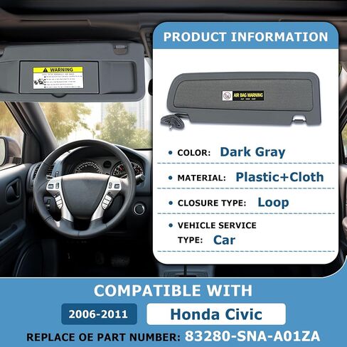 Kojem Sun Visor Dark Gray Compatible with 2006-2011 Honda Civic- Left (Driver Side) Replace for 83280-SNA-A01ZA in Saudi Arabia