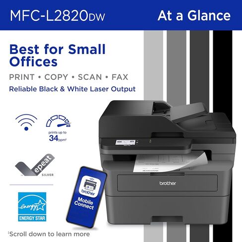 Brother MFC-L2820DW Wireless Compact Monochrome All-in-One Laser Printer with Copy, Scan and Fax, Duplex, Black & White | Includes Refresh Subscription Trial(1), Amazon Dash Replenishment Ready in Saudi Arabia