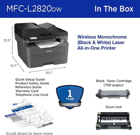 Brother MFC-L2820DW Wireless Compact Monochrome All-in-One Laser Printer with Copy, Scan and Fax, Duplex, Black & White | Includes Refresh Subscription Trial(1), Amazon Dash Replenishment Ready in Saudi Arabia
