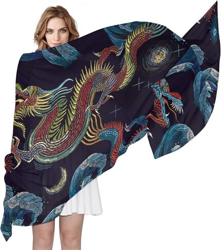 بارديك وشاح طويل خمر التنين الصيني خفيفة الوزن كبيرة الأوشحة الناعمة سيدة شال الشيفون الحرير التفاف in Kuwait