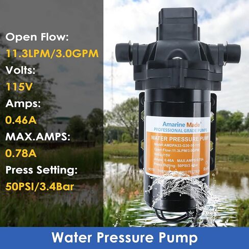 Amarine Made Water Pressure Pump Water Diaphragm Self Priming Pump for Caravan/rv/Boat/Marine 115V 11.3LPM/3.0GPM 50PSI/3.4Bar in Saudi Arabia