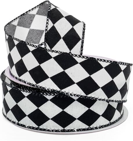 Paper Mart Harlequin Black and White Ribbon, Wired Fabric Ribbon, 1.5 Inches Wide x 10 Yards, Crisp Linen-Like Texture in Saudi Arabia