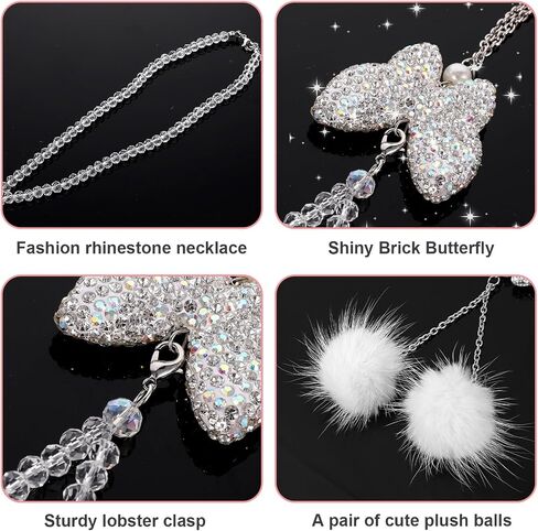 Butterfly Car Accessories for Women, Bling Car Interior Mirror Ornaments Crystal Car Rear View Mirror Diamond Cute Plush Ball Charms Car Decorative Lucky Hanging Interior Ornament Pendants in Saudi Arabia