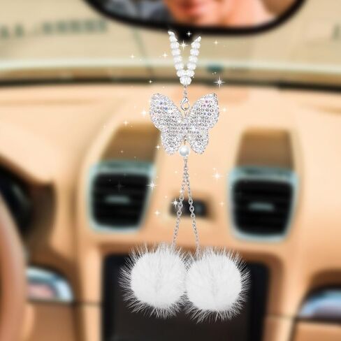 Butterfly Car Accessories for Women, Bling Car Interior Mirror Ornaments Crystal Car Rear View Mirror Diamond Cute Plush Ball Charms Car Decorative Lucky Hanging Interior Ornament Pendants in Saudi Arabia
