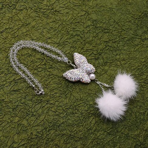 Butterfly Car Accessories for Women, Bling Car Interior Mirror Ornaments Crystal Car Rear View Mirror Diamond Cute Plush Ball Charms Car Decorative Lucky Hanging Interior Ornament Pendants in Saudi Arabia