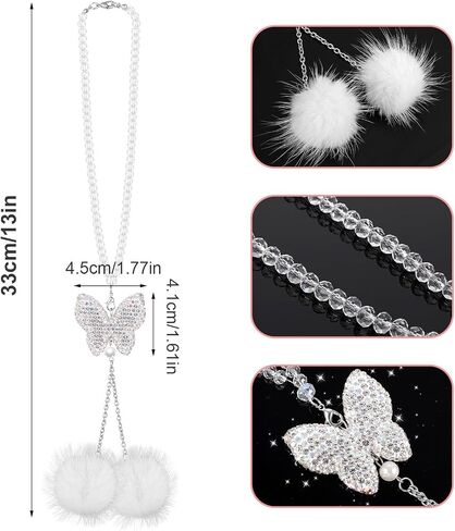 Butterfly Car Accessories for Women, Bling Car Interior Mirror Ornaments Crystal Car Rear View Mirror Diamond Cute Plush Ball Charms Car Decorative Lucky Hanging Interior Ornament Pendants in Saudi Arabia