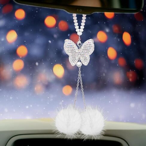Butterfly Car Accessories for Women, Bling Car Interior Mirror Ornaments Crystal Car Rear View Mirror Diamond Cute Plush Ball Charms Car Decorative Lucky Hanging Interior Ornament Pendants in Saudi Arabia