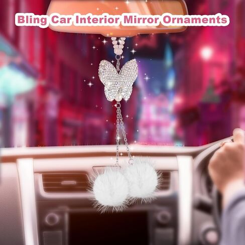 Butterfly Car Accessories for Women, Bling Car Interior Mirror Ornaments Crystal Car Rear View Mirror Diamond Cute Plush Ball Charms Car Decorative Lucky Hanging Interior Ornament Pendants in Saudi Arabia
