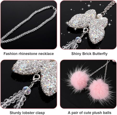 Butterfly Car Accessories for Women, Bling Car Interior Mirror Ornaments Crystal Car Rear View Mirror Diamond Cute Plush Ball Charms Car Decorative Lucky Hanging Interior Ornament Pendants in Saudi Arabia