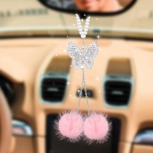 Butterfly Car Accessories for Women, Bling Car Interior Mirror Ornaments Crystal Car Rear View Mirror Diamond Cute Plush Ball Charms Car Decorative Lucky Hanging Interior Ornament Pendants in Saudi Arabia