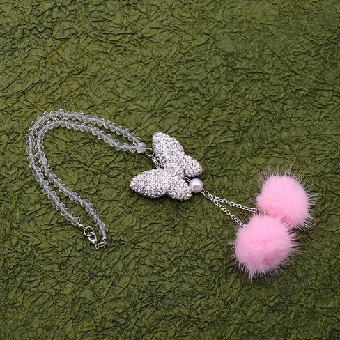 Butterfly Car Accessories for Women, Bling Car Interior Mirror Ornaments Crystal Car Rear View Mirror Diamond Cute Plush Ball Charms Car Decorative Lucky Hanging Interior Ornament Pendants in Saudi Arabia