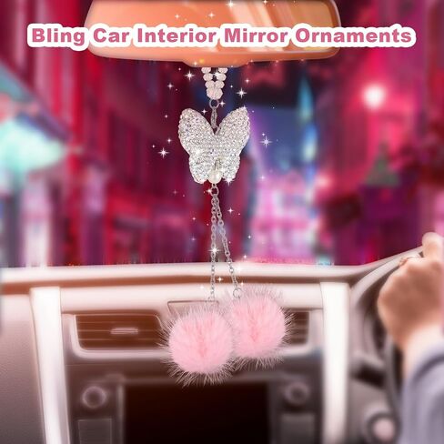 Butterfly Car Accessories for Women, Bling Car Interior Mirror Ornaments Crystal Car Rear View Mirror Diamond Cute Plush Ball Charms Car Decorative Lucky Hanging Interior Ornament Pendants in Saudi Arabia