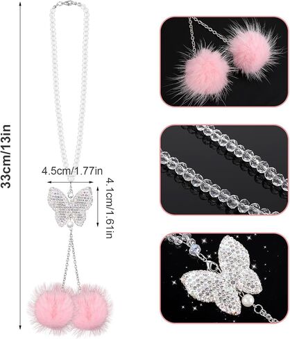 Butterfly Car Accessories for Women, Bling Car Interior Mirror Ornaments Crystal Car Rear View Mirror Diamond Cute Plush Ball Charms Car Decorative Lucky Hanging Interior Ornament Pendants in Saudi Arabia