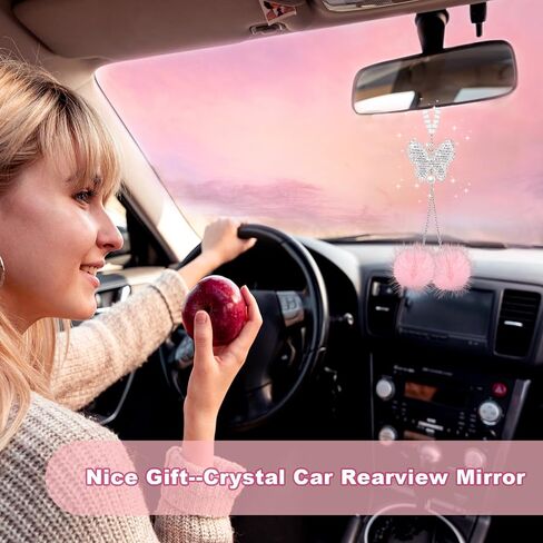 Butterfly Car Accessories for Women, Bling Car Interior Mirror Ornaments Crystal Car Rear View Mirror Diamond Cute Plush Ball Charms Car Decorative Lucky Hanging Interior Ornament Pendants in Saudi Arabia