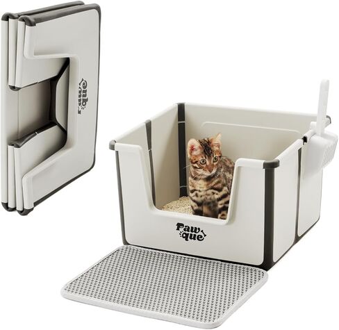 Pawque High Sides Large Cat Litter Box, Low Entry Open Top Foldable Portable Travel Cat Potty Pan with Litter Mat and Scoop for Kitty Old Cats, Anti Splashing Easy Clean Sturdy Tall Litter Box, Grey in Saudi Arabia