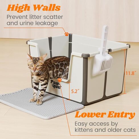 Pawque High Sides Large Cat Litter Box, Low Entry Open Top Foldable Portable Travel Cat Potty Pan with Litter Mat and Scoop for Kitty Old Cats, Anti Splashing Easy Clean Sturdy Tall Litter Box, Grey in Saudi Arabia