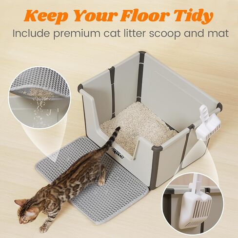 Pawque High Sides Large Cat Litter Box, Low Entry Open Top Foldable Portable Travel Cat Potty Pan with Litter Mat and Scoop for Kitty Old Cats, Anti Splashing Easy Clean Sturdy Tall Litter Box, Grey in Saudi Arabia
