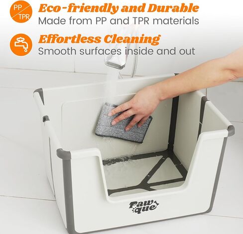 Pawque High Sides Large Cat Litter Box, Low Entry Open Top Foldable Portable Travel Cat Potty Pan with Litter Mat and Scoop for Kitty Old Cats, Anti Splashing Easy Clean Sturdy Tall Litter Box, Grey in Saudi Arabia