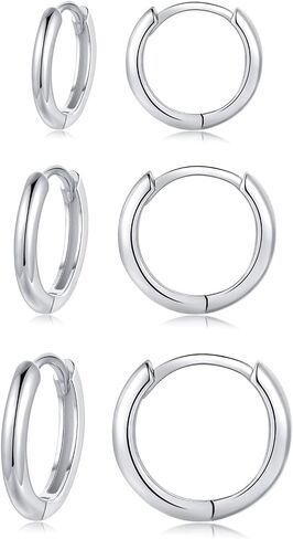 Silver Hoop Earrings for Women, 3 Pairs Small Sterling Silver Huggie Earrings | Tiny Hypoallergenic Cartilage Endless Earrings Piercing Helix Jewelry for Girls Men (8mm/10mm/12mm, Silver/Gold/Black) in Saudi Arabia