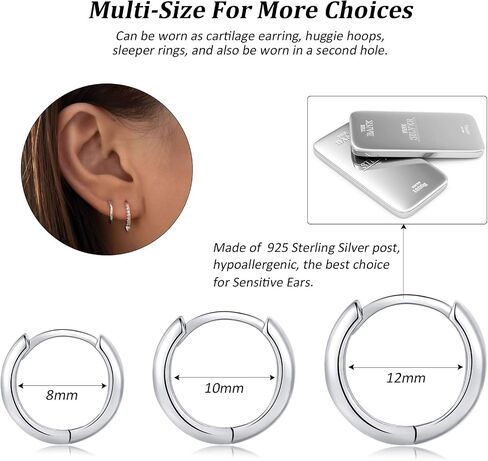 Silver Hoop Earrings for Women, 3 Pairs Small Sterling Silver Huggie Earrings | Tiny Hypoallergenic Cartilage Endless Earrings Piercing Helix Jewelry for Girls Men (8mm/10mm/12mm, Silver/Gold/Black) in Saudi Arabia