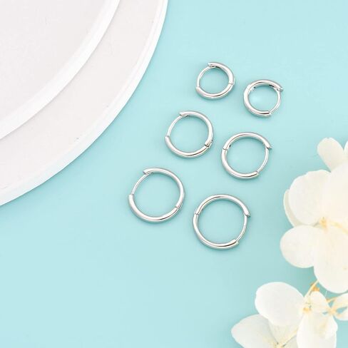 Silver Hoop Earrings for Women, 3 Pairs Small Sterling Silver Huggie Earrings | Tiny Hypoallergenic Cartilage Endless Earrings Piercing Helix Jewelry for Girls Men (8mm/10mm/12mm, Silver/Gold/Black) in Saudi Arabia