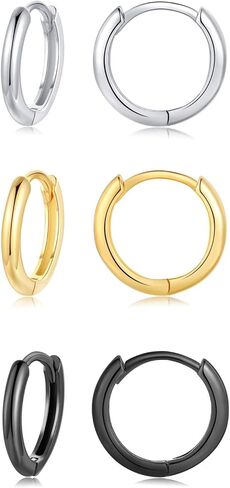 Silver Hoop Earrings for Women, 3 Pairs Small Sterling Silver Huggie Earrings | Tiny Hypoallergenic Cartilage Endless Earrings Piercing Helix Jewelry for Girls Men (8mm/10mm/12mm, Silver/Gold/Black) in Saudi Arabia