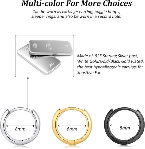 Silver Hoop Earrings for Women, 3 Pairs Small Sterling Silver Huggie Earrings | Tiny Hypoallergenic Cartilage Endless Earrings Piercing Helix Jewelry for Girls Men (8mm/10mm/12mm, Silver/Gold/Black) in Saudi Arabia