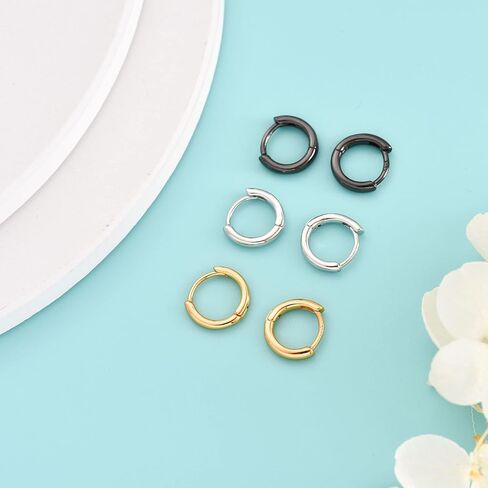 Silver Hoop Earrings for Women, 3 Pairs Small Sterling Silver Huggie Earrings | Tiny Hypoallergenic Cartilage Endless Earrings Piercing Helix Jewelry for Girls Men (8mm/10mm/12mm, Silver/Gold/Black) in Saudi Arabia