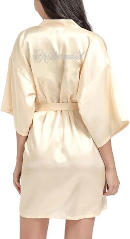 إمرأة قصير كيمونو رداء العروس وصيفة الشرف الساتان الاستعداد روب للنوم حريري مع أحجار الراين الفضية in Kuwait