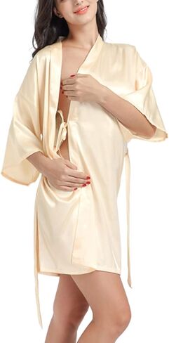 إمرأة قصير كيمونو رداء العروس وصيفة الشرف الساتان الاستعداد روب للنوم حريري مع أحجار الراين الفضية in Kuwait