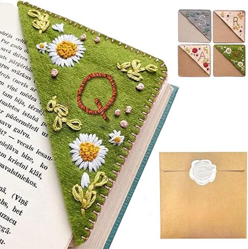 Personalized Hand Embroidered Corner Bookmark, 26 Letters Hand Stitched Felt Corner Letter Bookmark, Cute Flower Embroidery Bookmarks for Book Reading Lovers Meaningful Gift (Summer，J） in Saudi Arabia