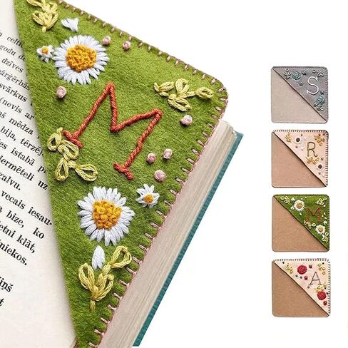 Personalized Hand Embroidered Corner Bookmark, 26 Letters Hand Stitched Felt Corner Letter Bookmark, Cute Flower Embroidery Bookmarks for Book Reading Lovers Meaningful Gift (Summer，J） in Saudi Arabia