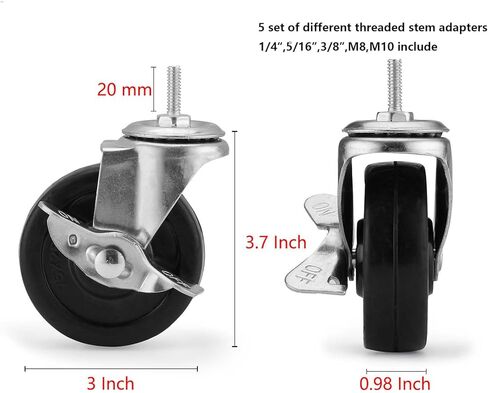 3-Inch Casters for Shelf Unit, Set of 4,Threaded Stem 1/4",5/16",3/8" Stem All Include,Universal for All Kinds of Shelving Unit in Saudi Arabia