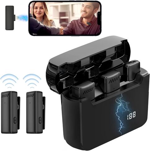 Wireless Lavalier Lapel Microphone for iPhone iPad,Mini Microphone with Portable Charging Case，65FT Long Distance Transmission Wireless Mic,Auto-Sync NO APP or Bluetooth Needed in Saudi Arabia