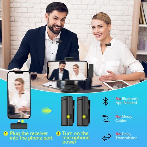 Wireless Lavalier Lapel Microphone for iPhone iPad,Mini Microphone with Portable Charging Case，65FT Long Distance Transmission Wireless Mic,Auto-Sync NO APP or Bluetooth Needed in Saudi Arabia