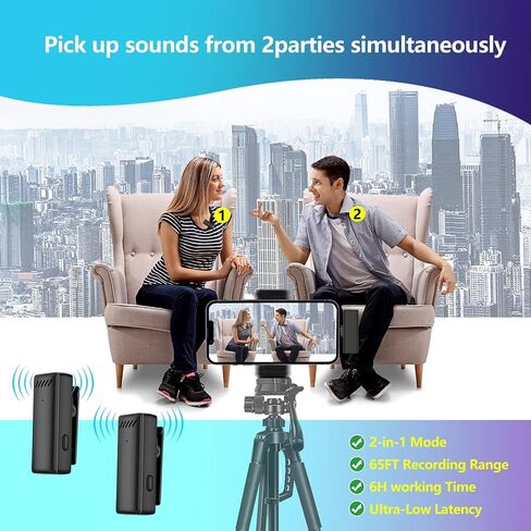 Wireless Lavalier Lapel Microphone for iPhone iPad,Mini Microphone with Portable Charging Case，65FT Long Distance Transmission Wireless Mic,Auto-Sync NO APP or Bluetooth Needed in Saudi Arabia