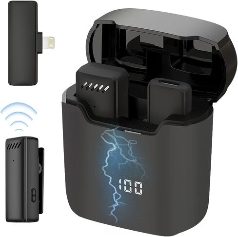 Wireless Lavalier Lapel Microphone for iPhone iPad,Mini Microphone with Portable Charging Case，65FT Long Distance Transmission Wireless Mic,Auto-Sync NO APP or Bluetooth Needed in Saudi Arabia