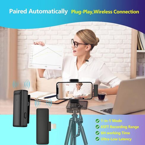 Wireless Lavalier Lapel Microphone for iPhone iPad,Mini Microphone with Portable Charging Case，65FT Long Distance Transmission Wireless Mic,Auto-Sync NO APP or Bluetooth Needed in Saudi Arabia
