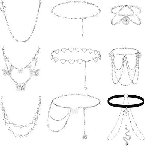 ORAZIO سلاسل الجينز البطن الخصر سلسلة مثير حزام السراويل سلسلة الفضة مطلية بالذهب سلسلة الجسم للنساء العقلية فراشة القلب جيب المحفظة سلسلة مجوهرات ثعبان الساق سلسلة متعددة الطبقات قابل للتعديل الذراع الكفة in Kuwait