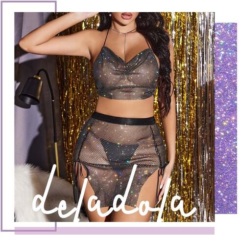 مجموعة تنورة شبكة صيد السمك المثيرة من حجر الراين من deladola، قطعة علوية من الكريستال، شبكة شفافة شفافة من خلال مجموعات ملابس الهذيان للنساء in Kuwait