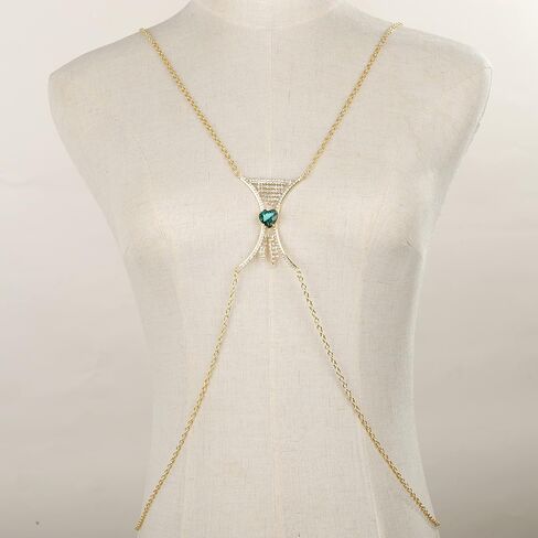 YERTTER Rhinestone Green Crystal Chest Bracket Bra Chain Bikini Gold Body Chain Jewelry Rhinestone Underwear Chain Beach Lingerie Chest Chain for Women（Gold Green） in Saudi Arabia
