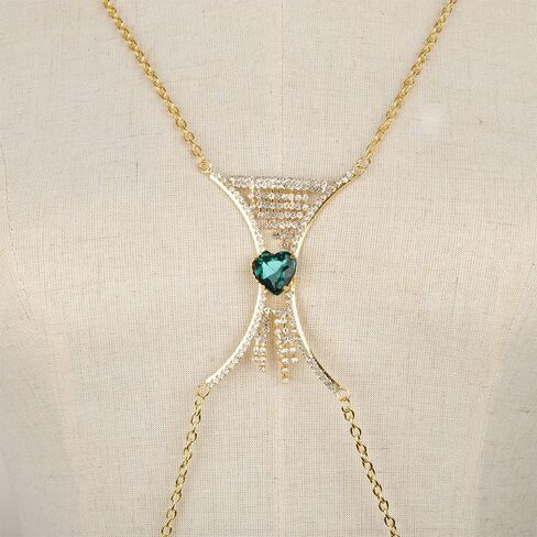 YERTTER Rhinestone Green Crystal Chest Bracket Bra Chain Bikini Gold Body Chain Jewelry Rhinestone Underwear Chain Beach Lingerie Chest Chain for Women（Gold Green） in Saudi Arabia