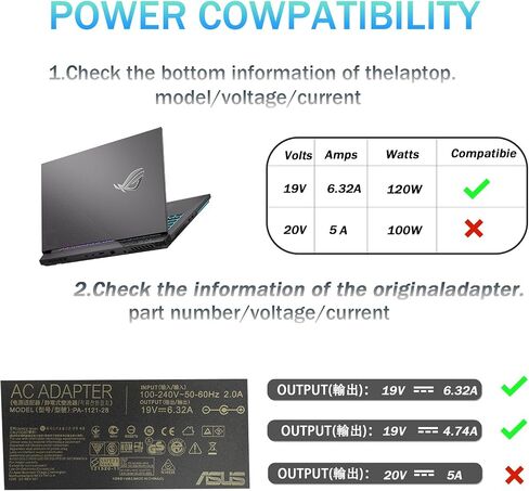 120W AC Charger Fit for Asus ROG GL551J GL552VW GL553V GL752VW GL753VE N550JK N550JX ZX53VW FX53VD G56JK N56JR VivoBook Q550L X550 X750J X750JA PA-1121-28 Gaming Laptop Power Adapter in Saudi Arabia