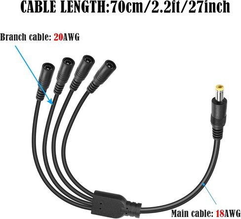 GINTOOYUN DC5525 Splitter Power Cable 1 Male to 4 Female 5.5mm X 2.5mm 24V DC Power Extension Cable for Camera,LED Strip Light,Laptops etc 0.7m (1 to 4 Way) in Saudi Arabia