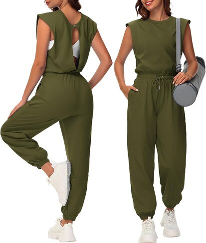 Tanou Open Back Jumpsuits for Women Casual One Piece Jumpsuit Womens Loose Sleeveless Rompers with Pockets in Saudi Arabia