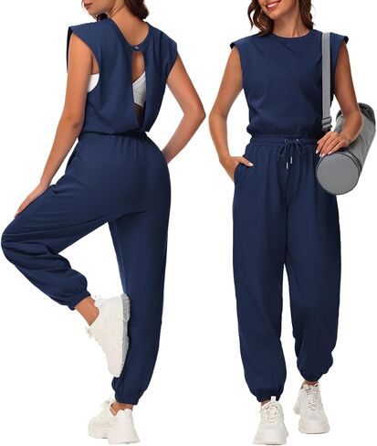 Tanou Open Back Jumpsuits for Women Casual One Piece Jumpsuit Womens Loose Sleeveless Rompers with Pockets in Saudi Arabia