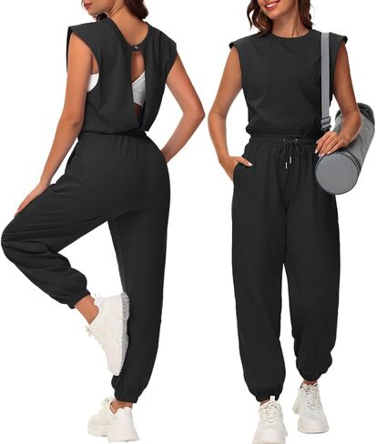 Tanou Open Back Jumpsuits for Women Casual One Piece Jumpsuit Womens Loose Sleeveless Rompers with Pockets in Saudi Arabia