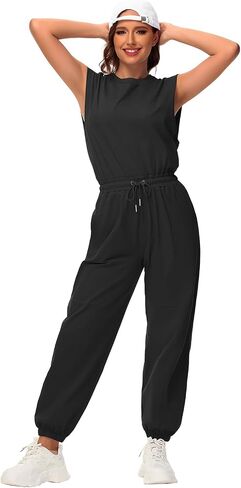 Tanou Open Back Jumpsuits for Women Casual One Piece Jumpsuit Womens Loose Sleeveless Rompers with Pockets in Saudi Arabia